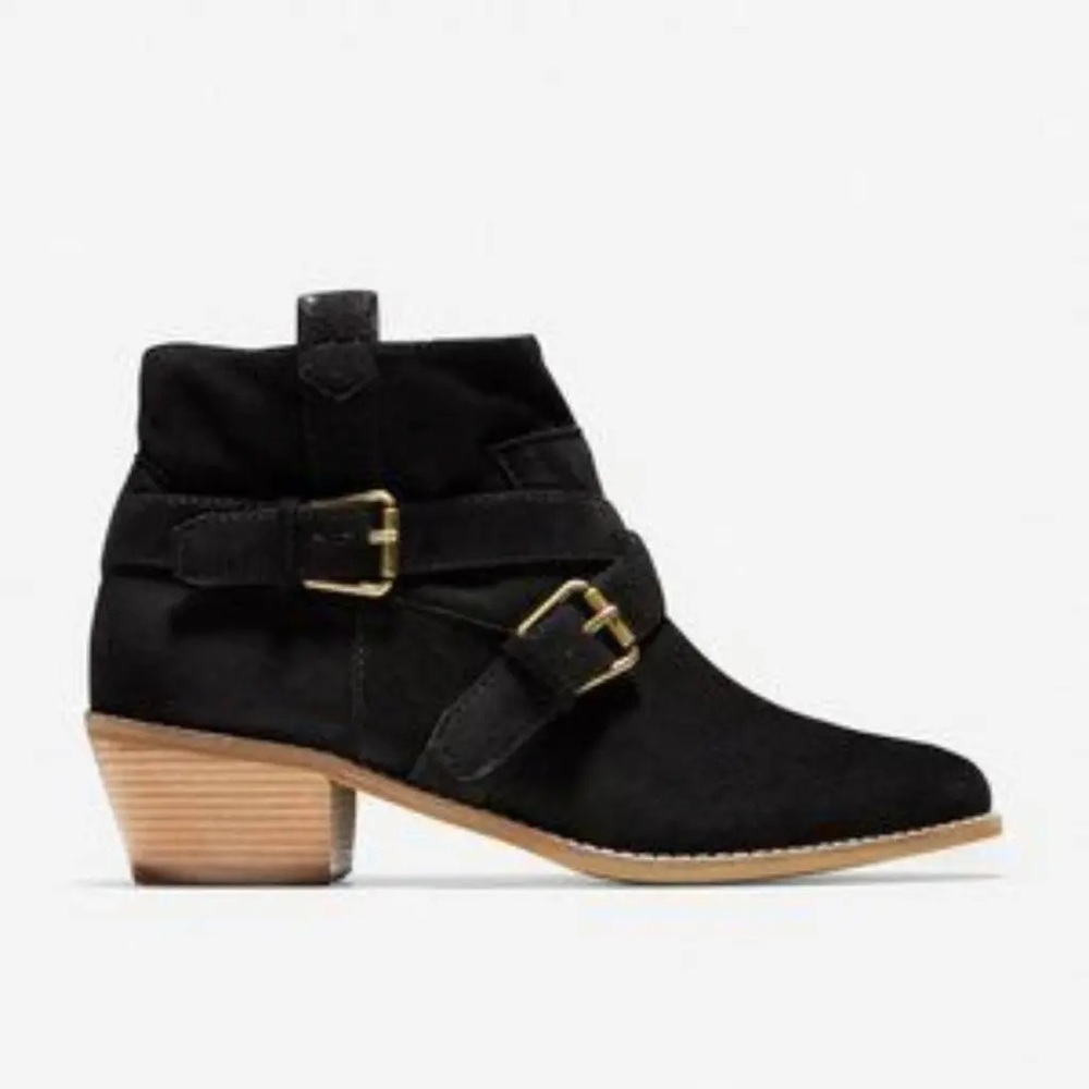 Cole Haan Jensynn Black Ankle Boots Gold Tone Brass Buckles Size 7 / 6.5 NWT NIB